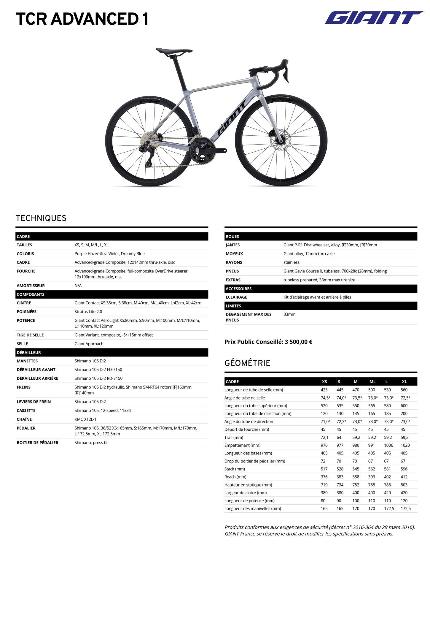 Fiche technique du velo TCR Advanced 1 année 2026